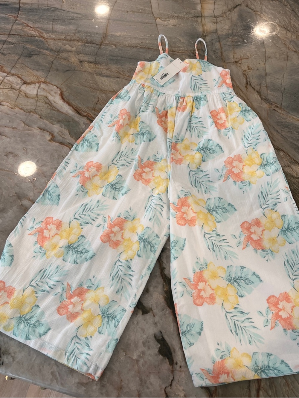 Janie and Jack White Floral Wide-Leg Romper with Coral, Yellow & Mint Leaves
